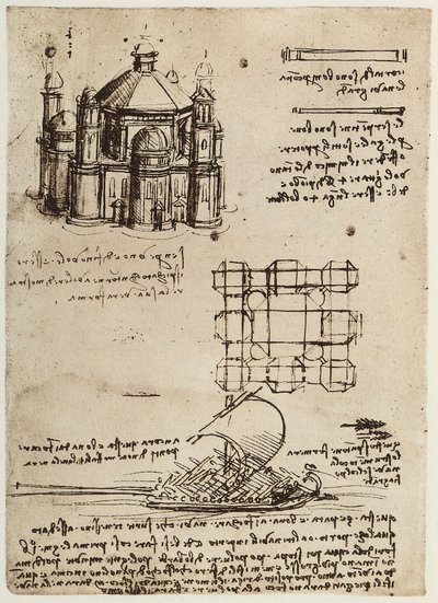 Project for a Church Built on a Central Axis and a Boat with Oars and Sails by Leonardo da Vinci